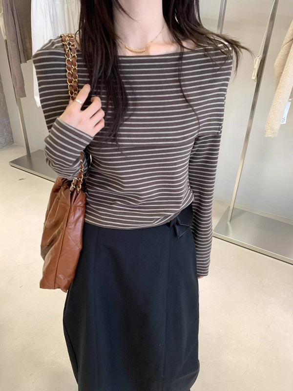 十三行秋季新款翻领条纹一字肩长袖T恤女舒适柔软显瘦百搭上衣潮|undefined
