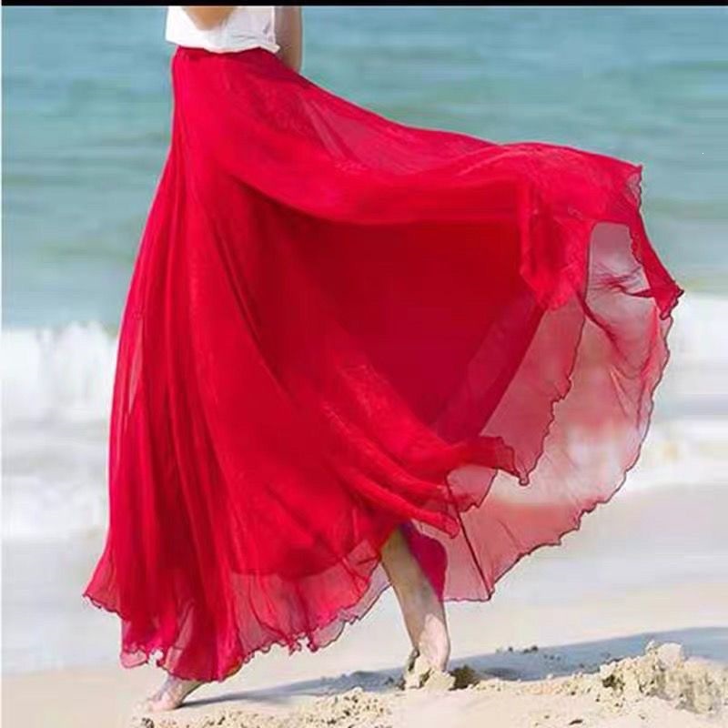 Váy maxi bohemian dáng xòe 8m chất chiffon đi biển mùa hè 2026 — Xanh da trờicolor, Xanh ngọc bích, Đậu đỏ tím, màu bạc chi tiết 3