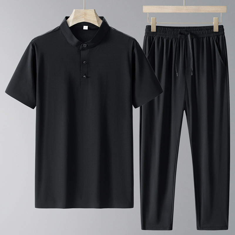 Traje de verano para papá 2025 nueva camiseta de manga corta con cuello alto para hombre de seda de hielo pantalones casuales delgados de secado rápido de verano