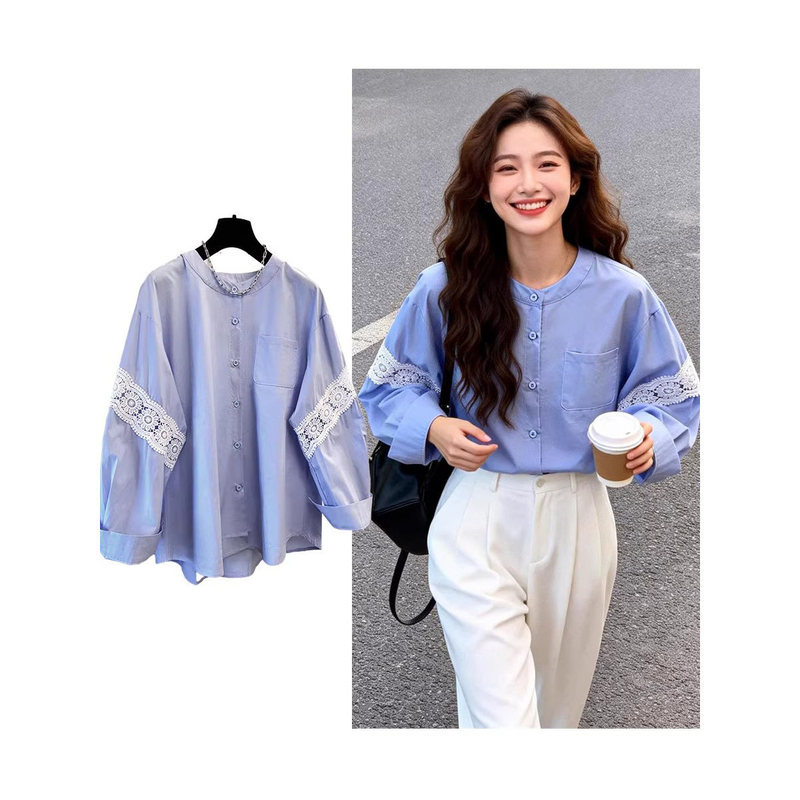 Korean Style Trendy Spring and Autumn New Casual Layered Shirt with Loose Fit and Slimming Design, Lace Splicing Sleeves, Women's Shirt Korean Style Trendy Spring and Autumn New Casual Layered Shirt with Loose Fit and Slimming Design, Lace Splicing Sleeves, Women's Shirt