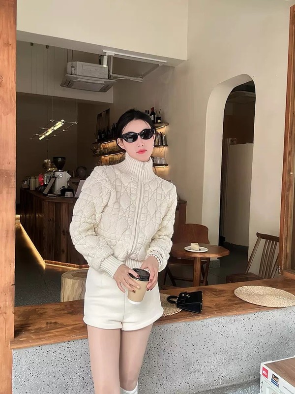 高定法式D经典菱形羊绒混纺拉链开衫针织外套女上衣|undefined