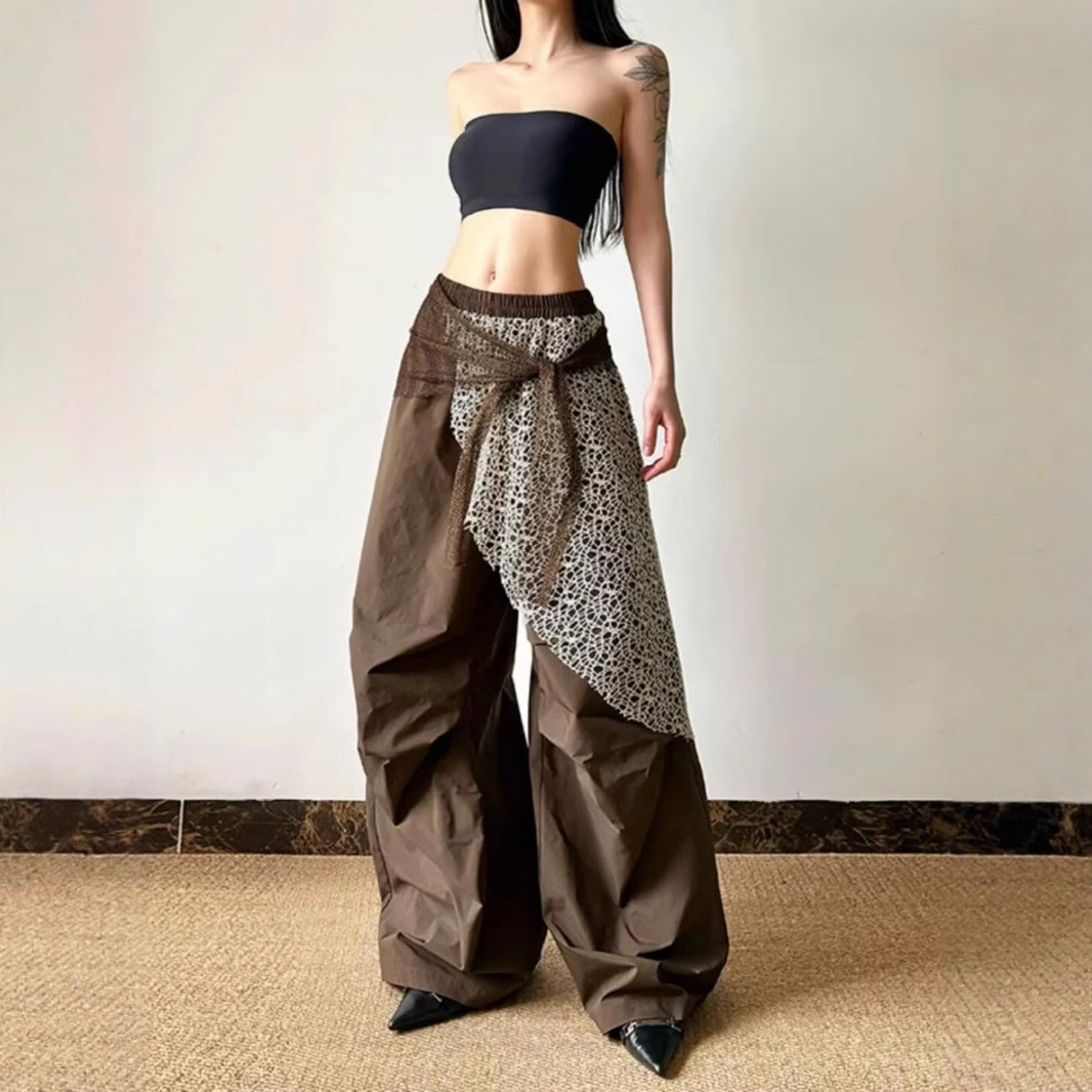 アメリカンカジュアルストリートプリーツパーソナライズフェイクツーピースカジュアルパンツ女性用、ハンサムなデザイン、スリムで多用途なワイドレッグパンツ