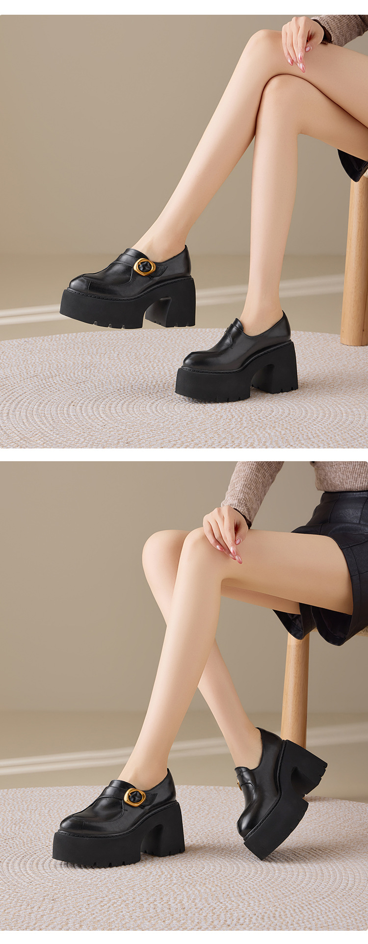 Giày loafer nữ gót vuông cao 10 cm, phong cách Pháp cổ điển, đế dày tăng chiều cao — màu đen chi tiết 5