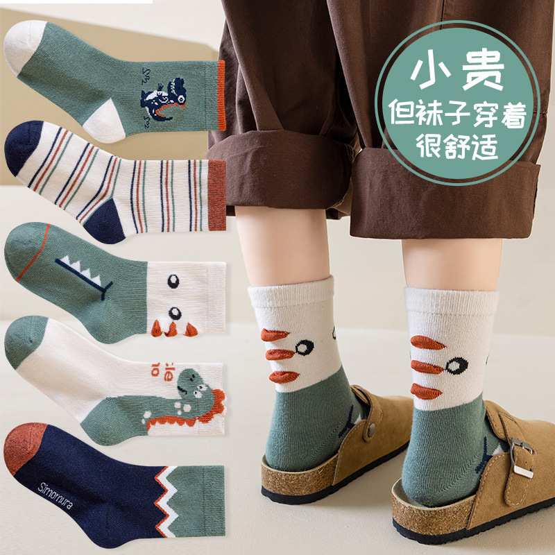 秋款新款A类精梳棉童袜恐龙中筒袜男孩宝宝吸汗休闲四季袜|undefined