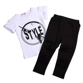 女童欧美夏款破洞裤子套装 style印花泼墨字母T恤短袖 破洞紧身裤