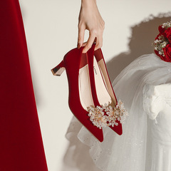 C588-12 Rough Heel Pointed Toe Red Wedding Shoes Bride Shoes 2023 New Arrival High Heels Low Mouth Plus Size 40-43