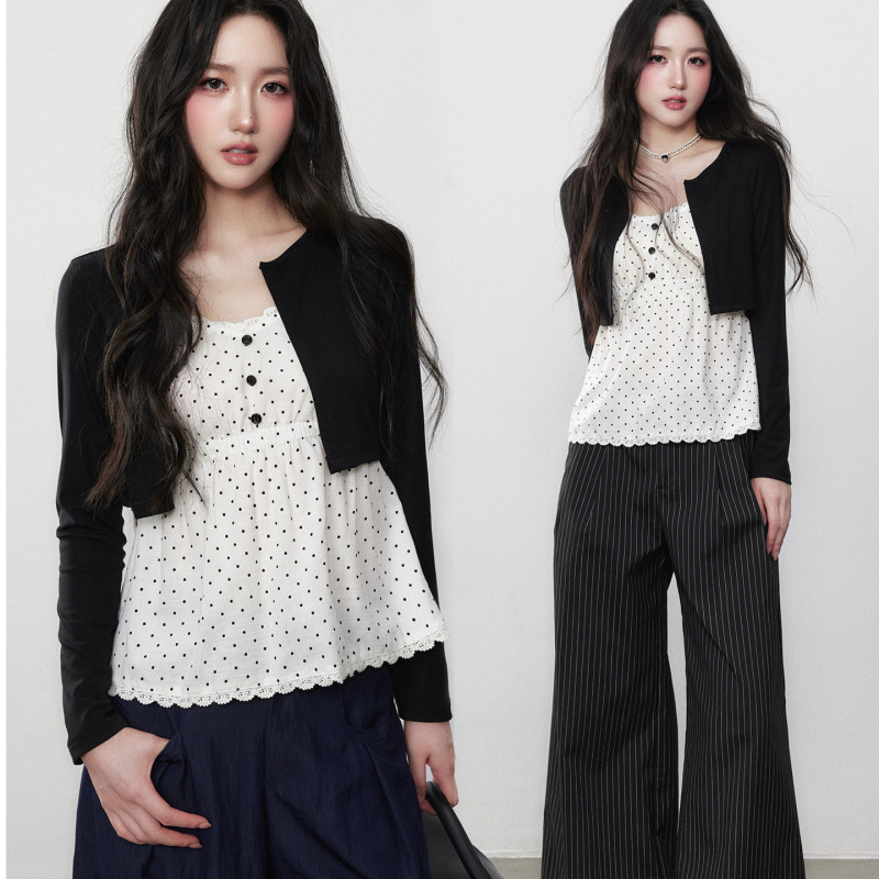 260g Rayon High-End Simple Autum Polka Dot Design V Neck Slimming Look Fake Two-Piece Long-Sleeved Top for Women