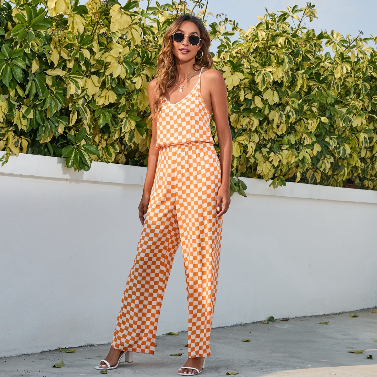 Plaid Printed One Piece Culotte Bohemian Dress Sexy Strap Backless