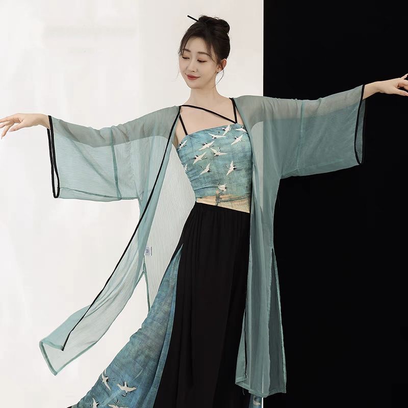 新しいスタイルの古典的なダンスの青蛇中国式のふわふわしたガーゼの服のプリントのズボンのスカートの中国風の現代的なダンスの演出の練習服|undefined