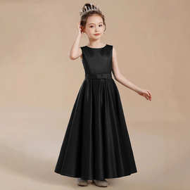 儿童黑色钢琴演出服学生管弦乐团演奏礼服时尚缎面小提琴比赛长裙