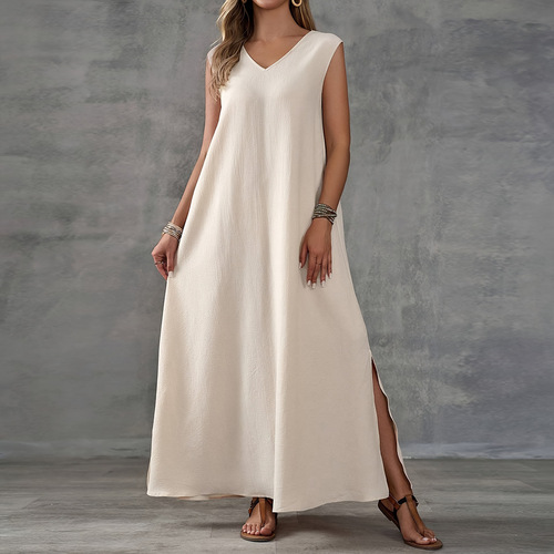 Amazon 2025 Summer European and American Women's Cross-border Women's Tank Top V-neck Side Slit One-piece Dress Elegant Long Dress
