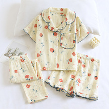 女童夏季薄款全棉睡衣套儿童纯棉纱布短袖长裤三件套家居服