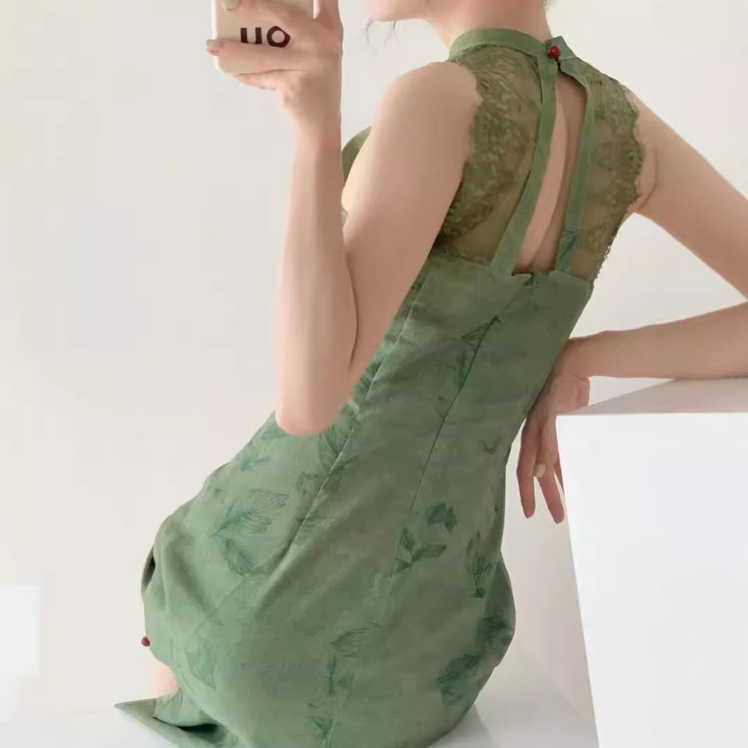 Retro Bright Green Improved Version Of The Chinese-style National-style Cheongsam , 2024 Summer New Waist-cinching_ecoleips.com