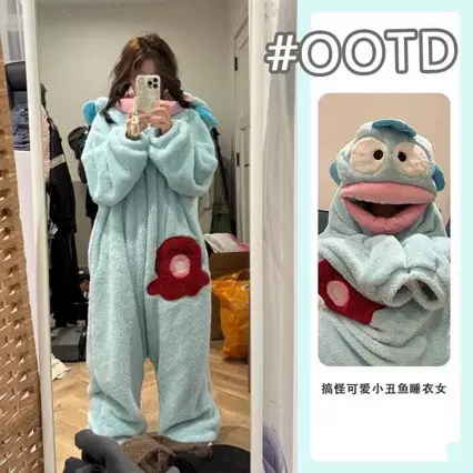 汉顿丑鱼睡衣珊瑚绒儿童加厚保暖秋冬季可爱搞怪女生成人情侣睡衣
