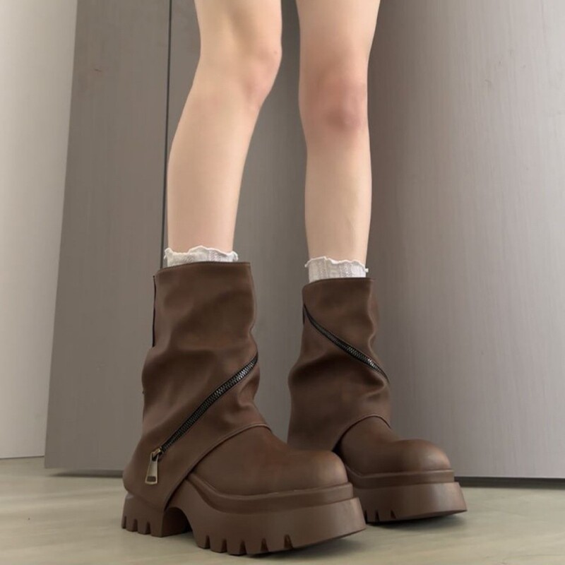 欧货大头拉链厚底松糕马丁靴机车靴小众辣妹裤管堆堆靴小个子女鞋|undefined