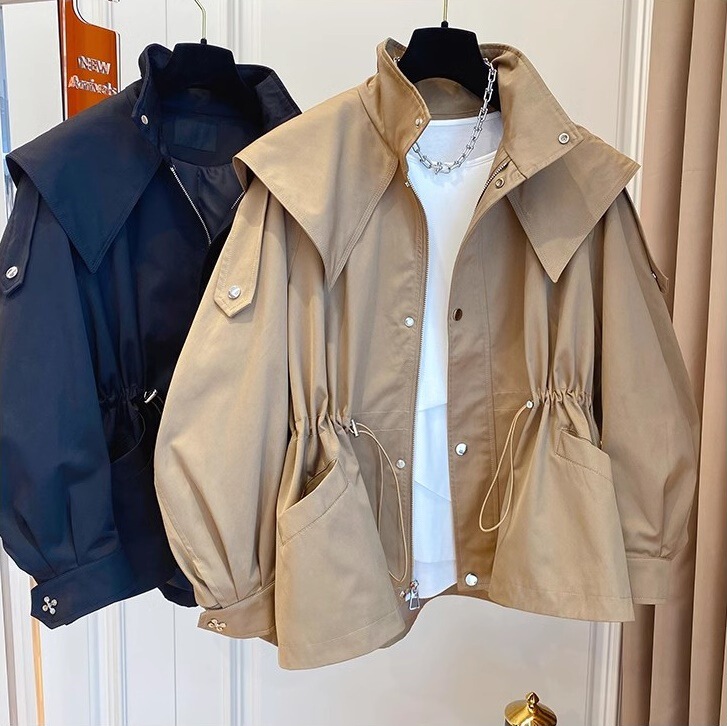 Petite Women's Windbreaker Jacket 2026 Spring and Autumn New Drawstring Waist Workwear Style Trench Coat Jacket Top