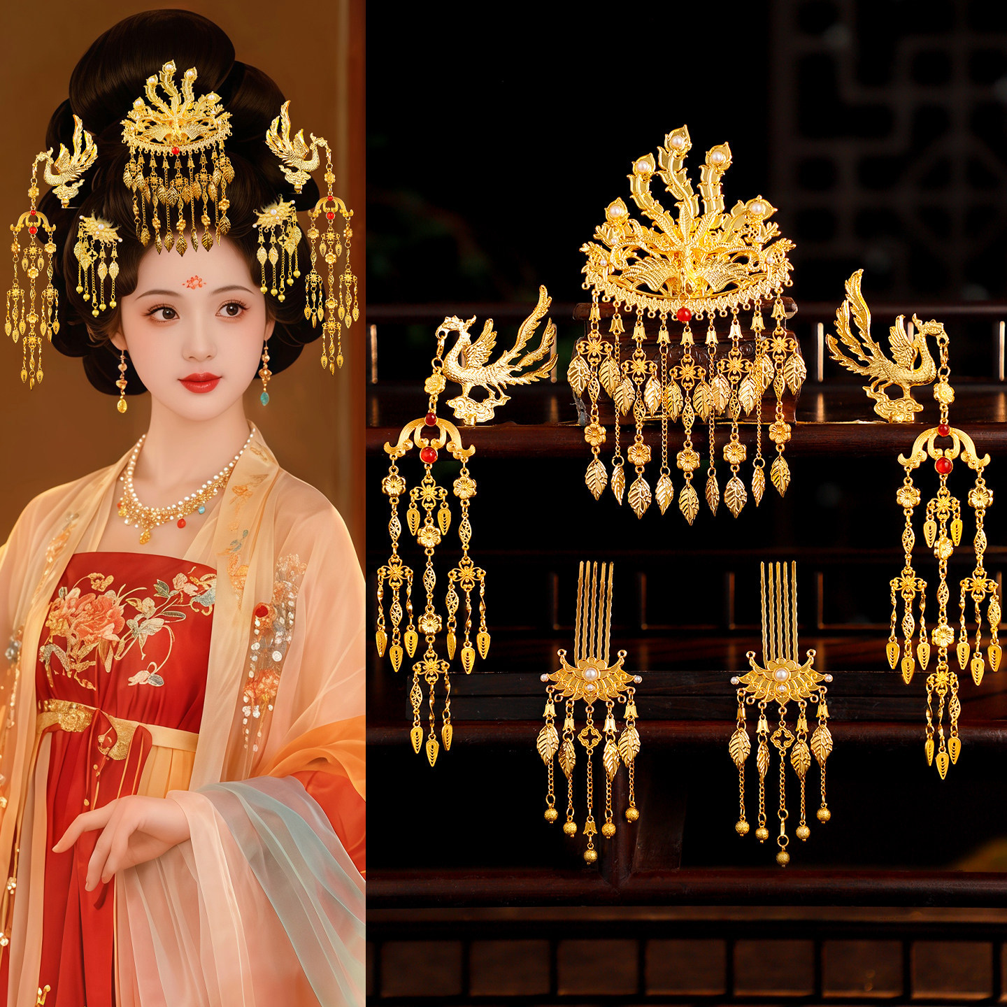 汉服古装唐风贵妃华丽百搭宫廷风发饰气质金色凤凰流苏叶子发冠女