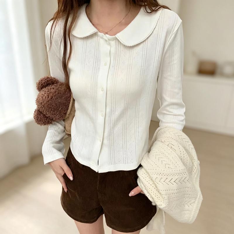 Korean-style retro pure cotton white doll-collar shirt for women, autumn 2026 new collection, long-sleeved shirt for layering, short top Korean-style retro pure cotton white doll-collar shirt for women, autumn 2026 new collection, long-sleeved shirt for layering, short top