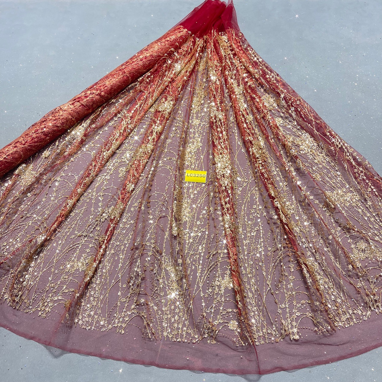 LC3250花型款10Y起订 婚纱礼服 面料 网纱洒金片 喷金网纱 金葱粉