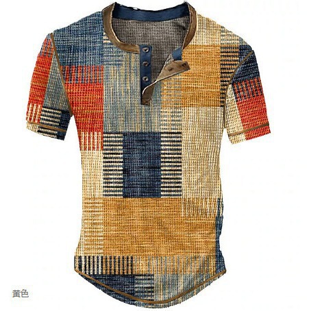 Cross-Border Men's T-Shirt Casual Digital Printing Loose Short-Sleeved Button Polo Shirt Henry Collar T-Shirt Men's Export Supply