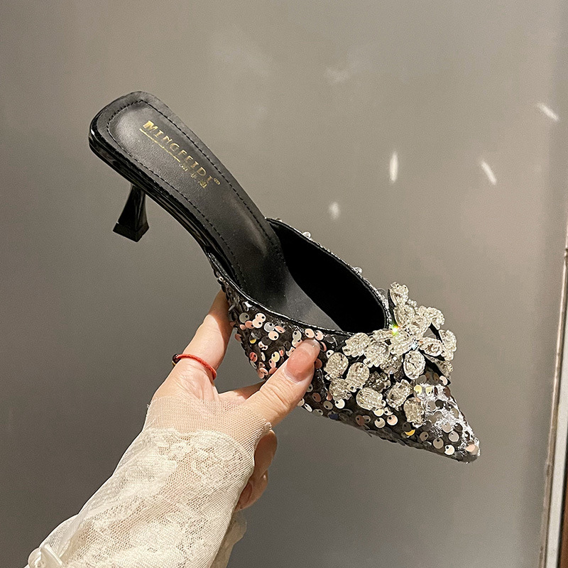 2025 nuevo estilo bowknot rhinestone francés tacón de aguja puntiagudo medias pantuflas para mujer de verano sandalias y pantuflas puntiagudas de tacón alto image 1