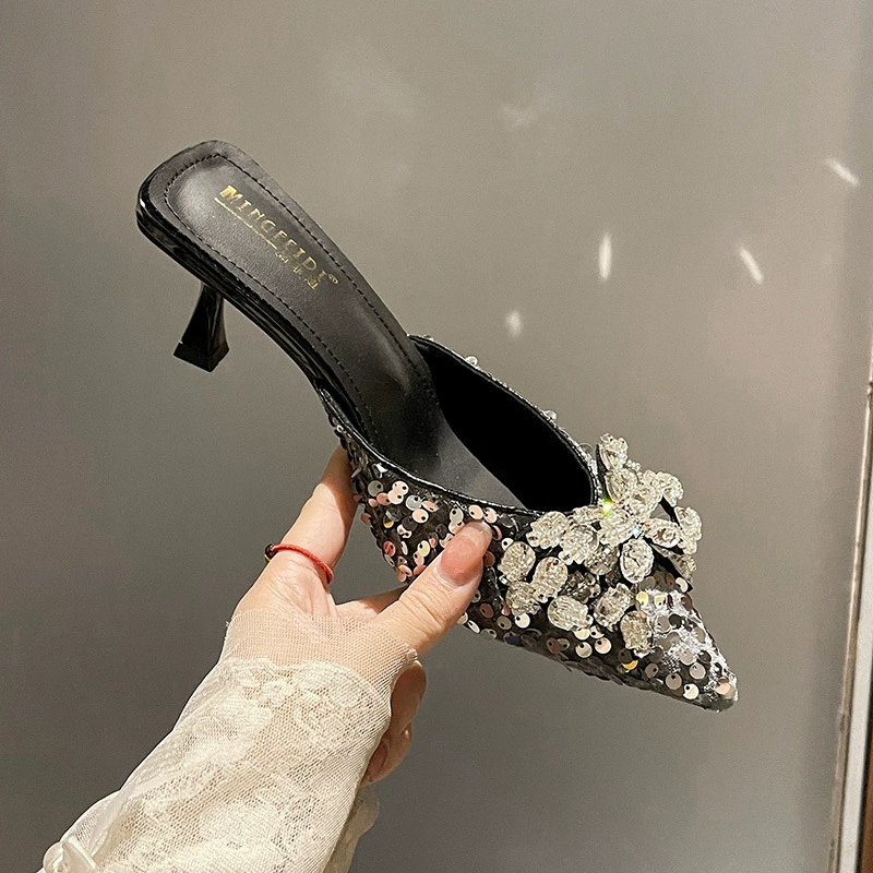 2025 новый бант Французский стразы с каблуком и полусоткой тапки женские наружные носки летние высокие каблуки заостренные холодные тапочки