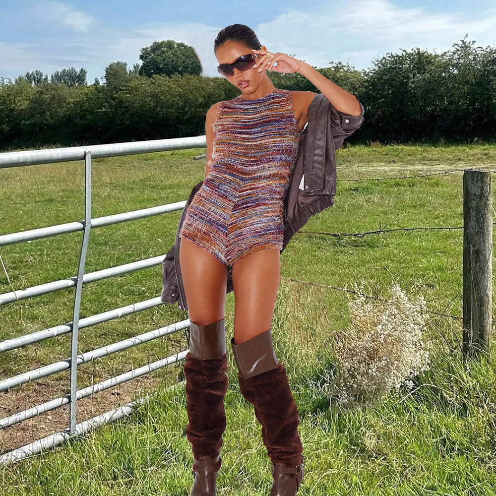 Women Clothing Sleeveless Tight Sexy Color Block Hollow Out Cutout Yarn Dyed Fluff Jumpsuit 6 Women Clothing Sleeveless Tight Sexy Color Block Hollow Out Cutout Yarn Dyed Fluff Jumpsuit