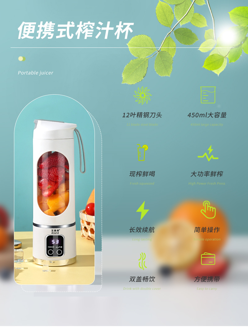 跨境新款榨汁机家用碎冰榨汁杯USB充电便携果汁机户外随行杯12刀