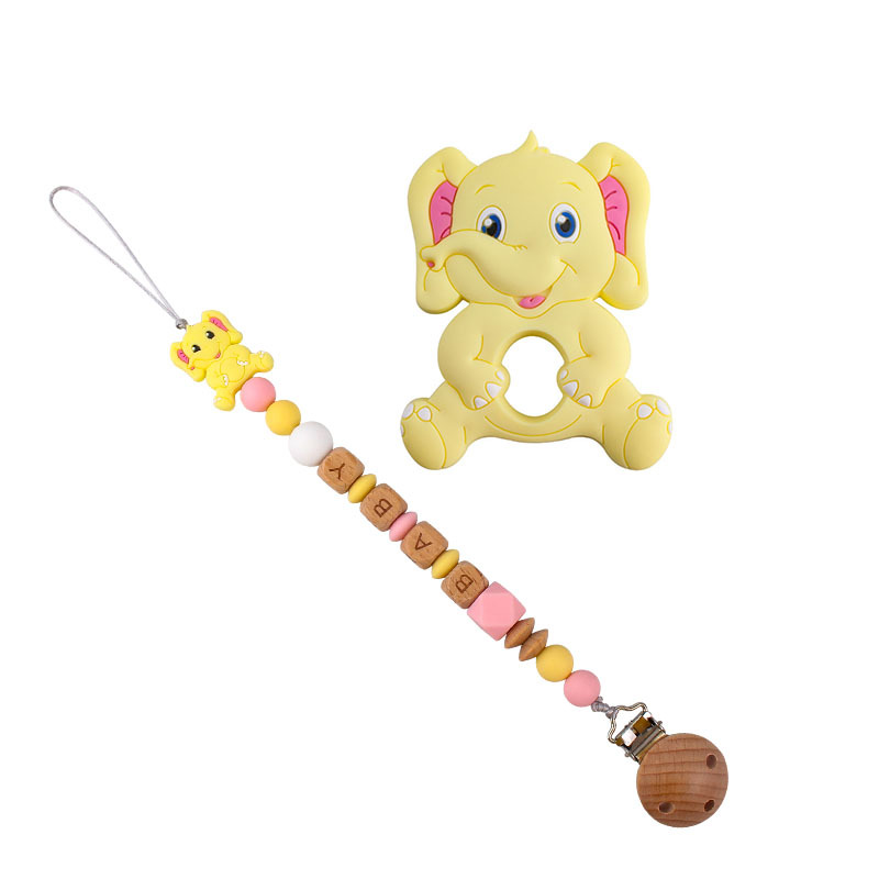 Bebé de dibujos animados elefante de silicona teether stick teether nuevo bebé nombre chupete cadena traje