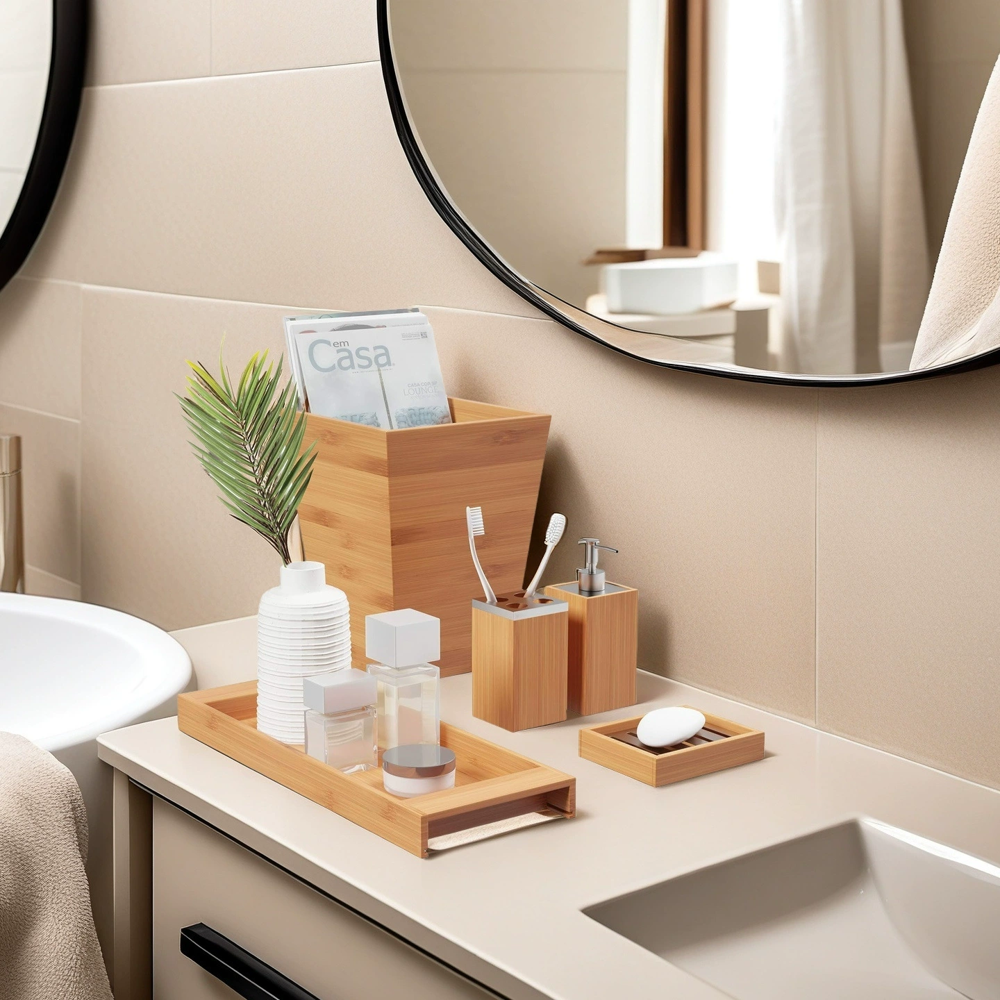 Прямые поставки от производителей из Фуцзяня: набор для ванной из бамбука (5 предметов), стакан для зубных щеток, бутылка для шампуня, мыльница оптом.