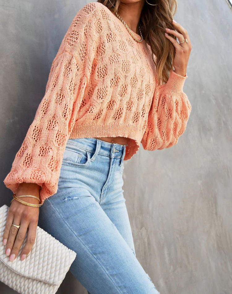 Women's Sweater Loose Lantern Sleeve Round Neck Knit Pullover_voghion.com