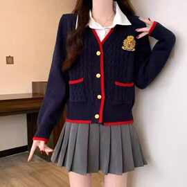 美式学院风Polo领刺绣洋气开衫毛衣女秋冬甜美减龄气质针织衫上衣