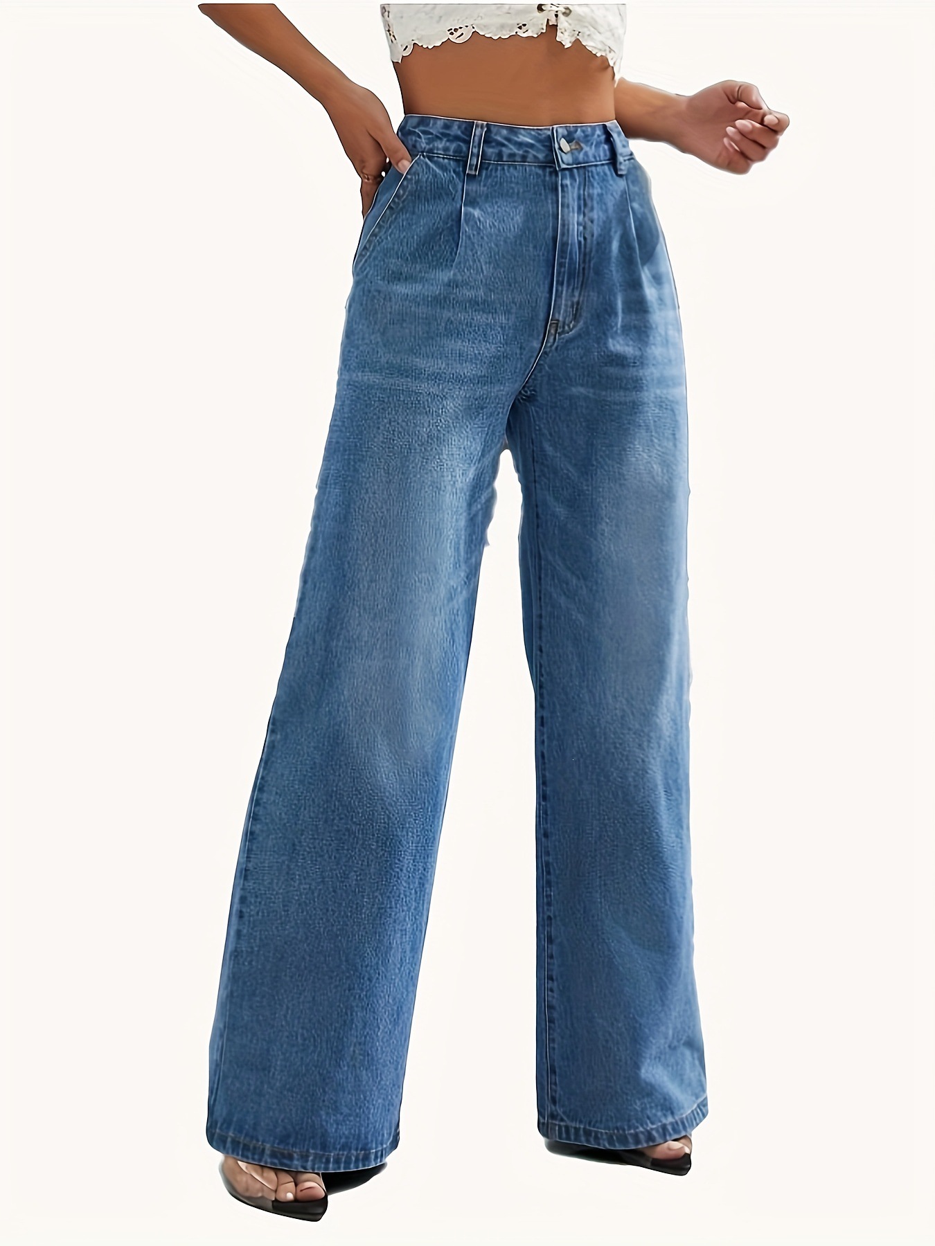Jeans de Tiro Alto y Corte Recto para Mujer de Mezclilla de Algodón, Efecto Lavado, para Uso Casual image 7