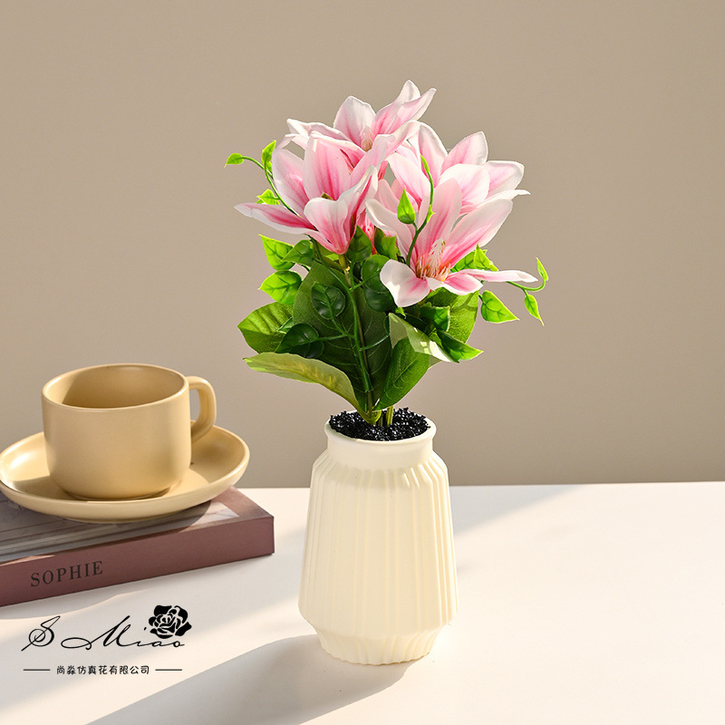Bonsái de magnolia de cinco cabezas con estampado de seda, flor artificial para decoración del hogar y estudio, planta verde artificial, planta artificial en maceta