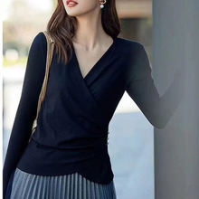 南油高端通勤EP雅莹2024早秋新款V领交襟修身显瘦针织上衣打底衫