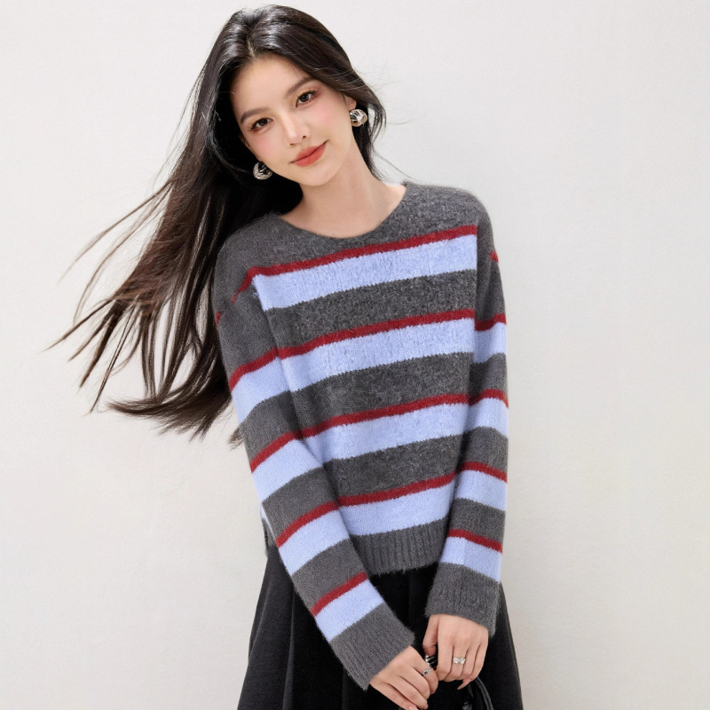 美式复古条纹针织衫女2025新款春秋季松弛慵懒风洋气独特别致上衣|undefined