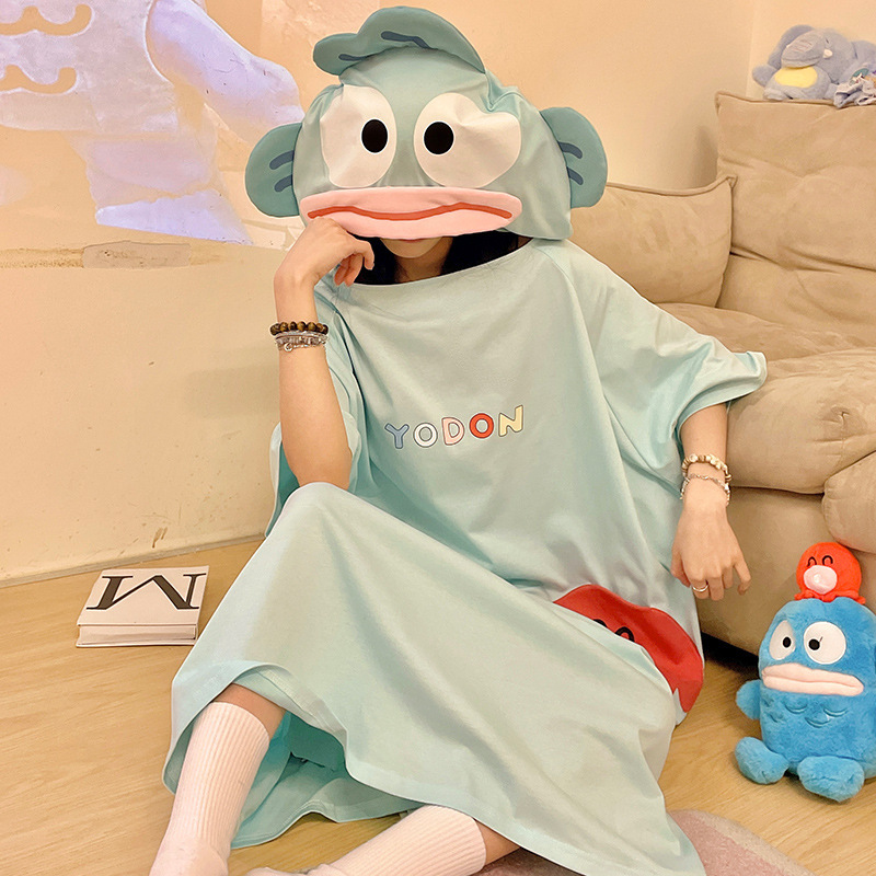 Summer Cartoon Hanton Ugly Fish Hooded Nightgown Cotton Short-Sleeved Thin Section Female Funny Large Size Can Be Worn Outside Home Clothes