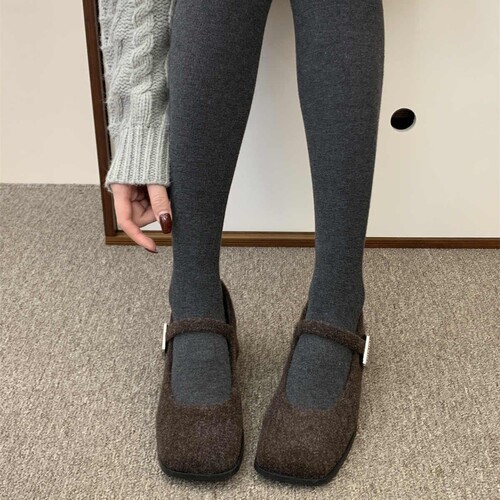 Gray retro woolen Mary Jane fluffy shoes for women in winter wear New French thick heel and velvet high-heeled single-layer shoes