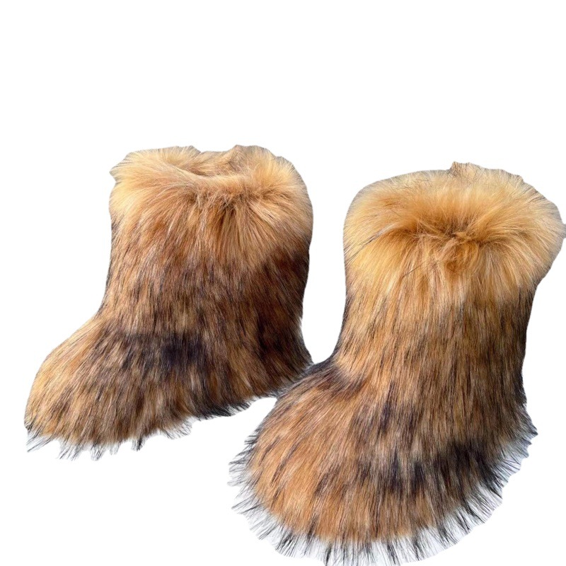 Botas de piel sintética planas europeas y americanas transfronterizas calientes de invierno boca profunda punta redonda media pantorrilla botas de nieve de piel de zorro