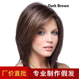 化纤女士欧美假发套 染色偏分棕色挑染短直发wig厂家批发一件代发