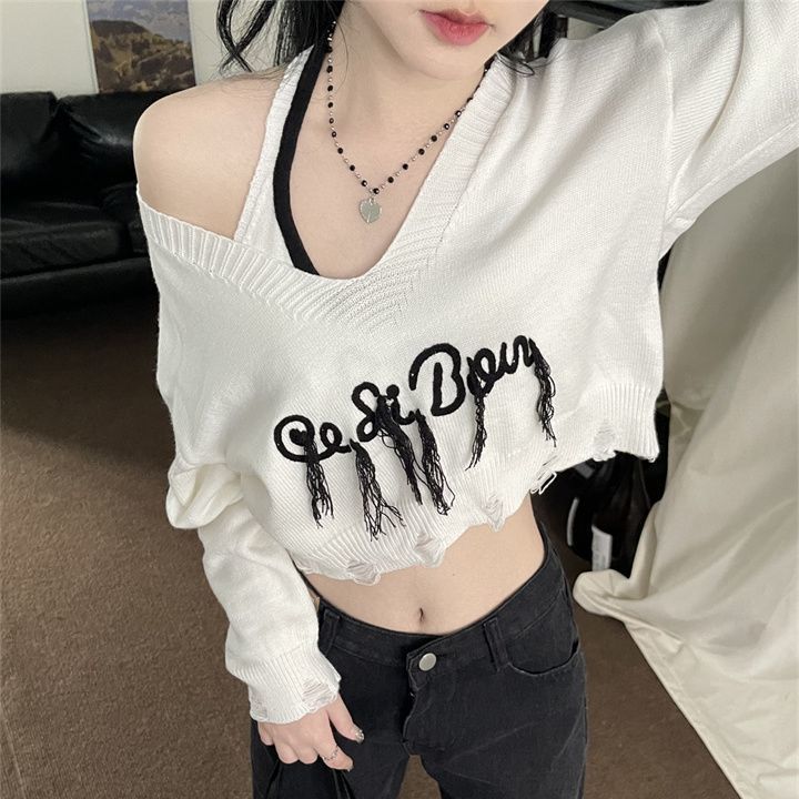 流苏v领短款毛衣女春秋冬宽松外穿小个子挂脖吊带针织上衣两件套
