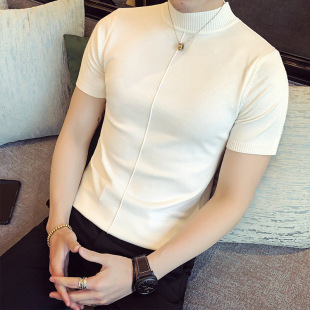 A generation of new boys half high collar short sleeve sweater Korean slim fit solid color sweater half sleeve sweater
