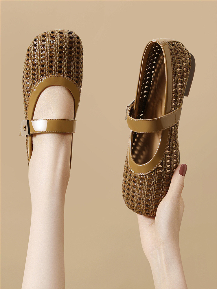 Dép sandal nữ da thật dệt rỗng mũi tròn đế bệt quai chữ V — 6057 Màu cà phê, 6057 Màu be chi tiết 17