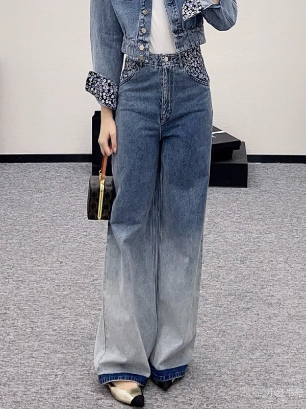 南油高版 25早秋小香拼接口袋花朵渐变复古高腰直筒牛仔长裤 女|undefined
