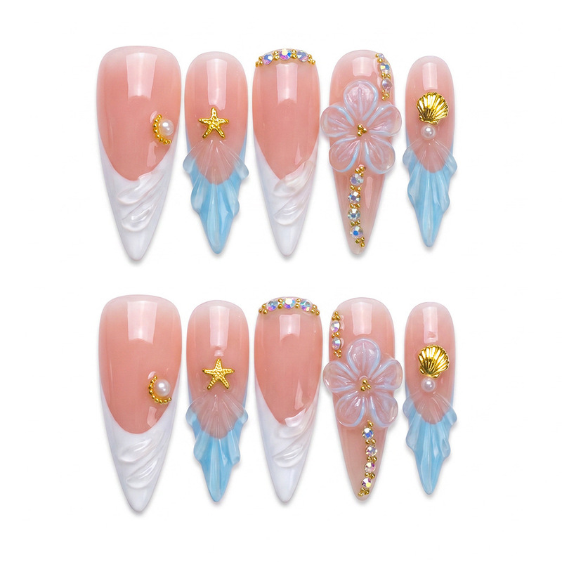 10Pcs Long Pointed 2026 Summer New Ocean Style Accessories with Blue and White Gradient Shell and Starfish Inlaid with Diamonds Exported to Europe and America