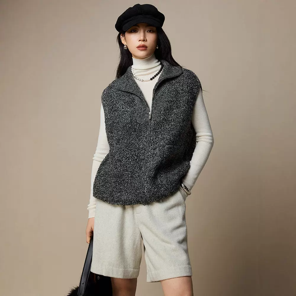 圈圈纱纯羊毛针织马甲背心女拉链毛衣秋冬外套25新款女装叠穿上衣