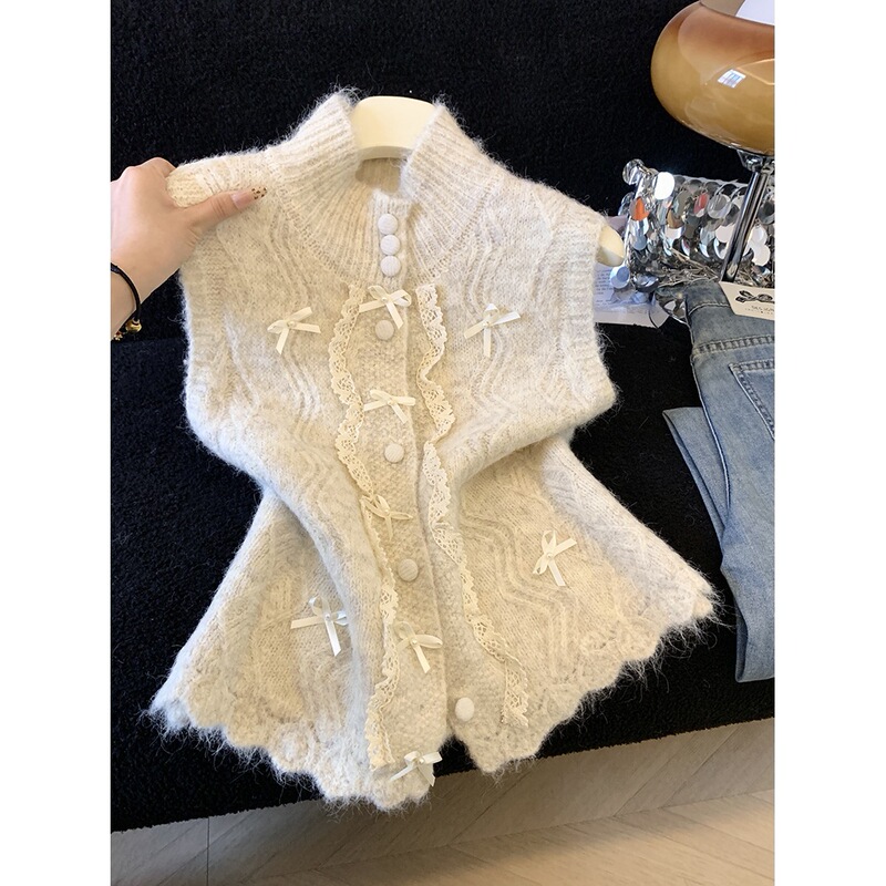 Lace-Trimmed Bow-Tie Half-Turtleneck Sweater for Women, New Spring Style, Versatile Layering with Vest and Cardigan