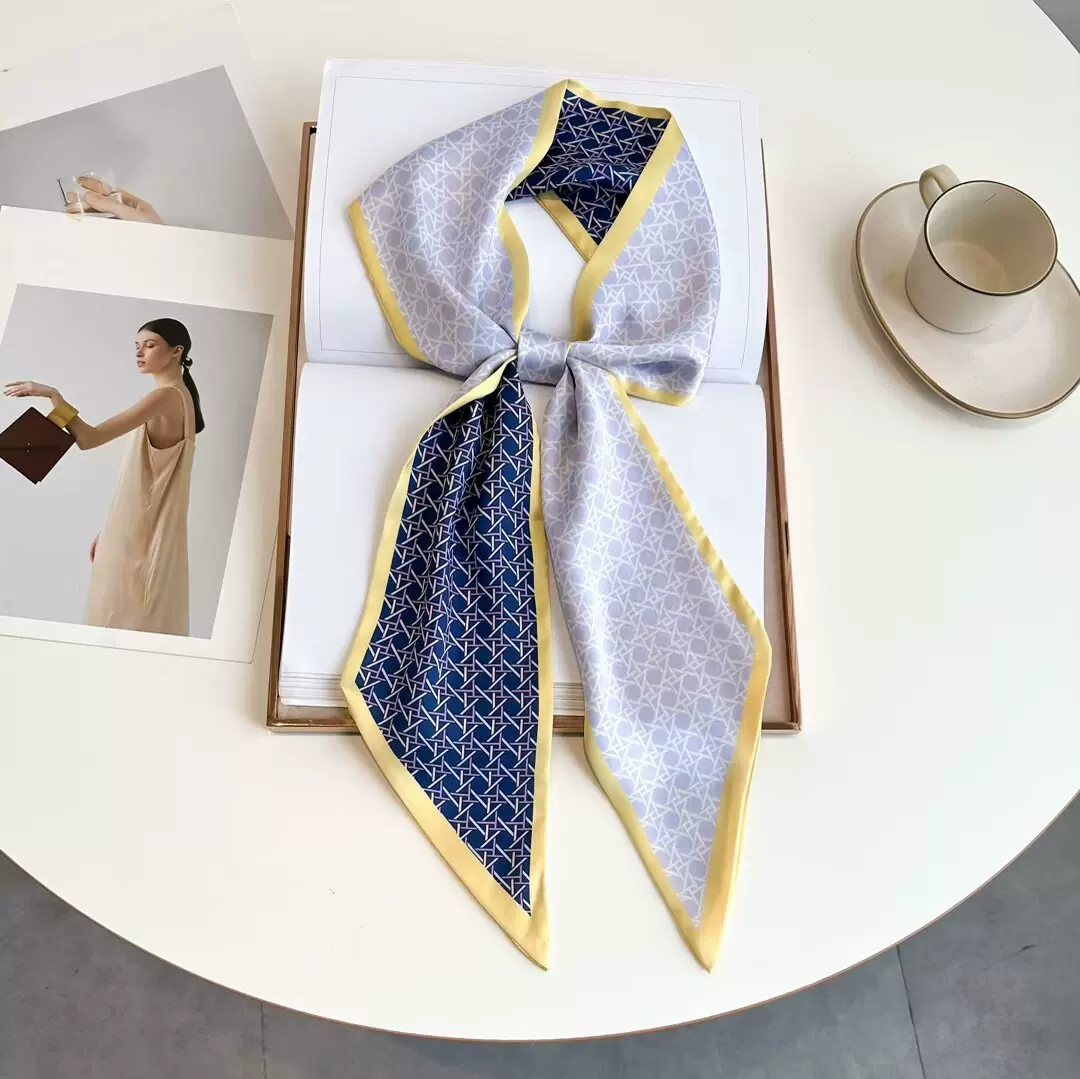 时尚双层仿真丝女头巾春秋宽飘带斜角巾气质长条丝巾时尚装饰领巾