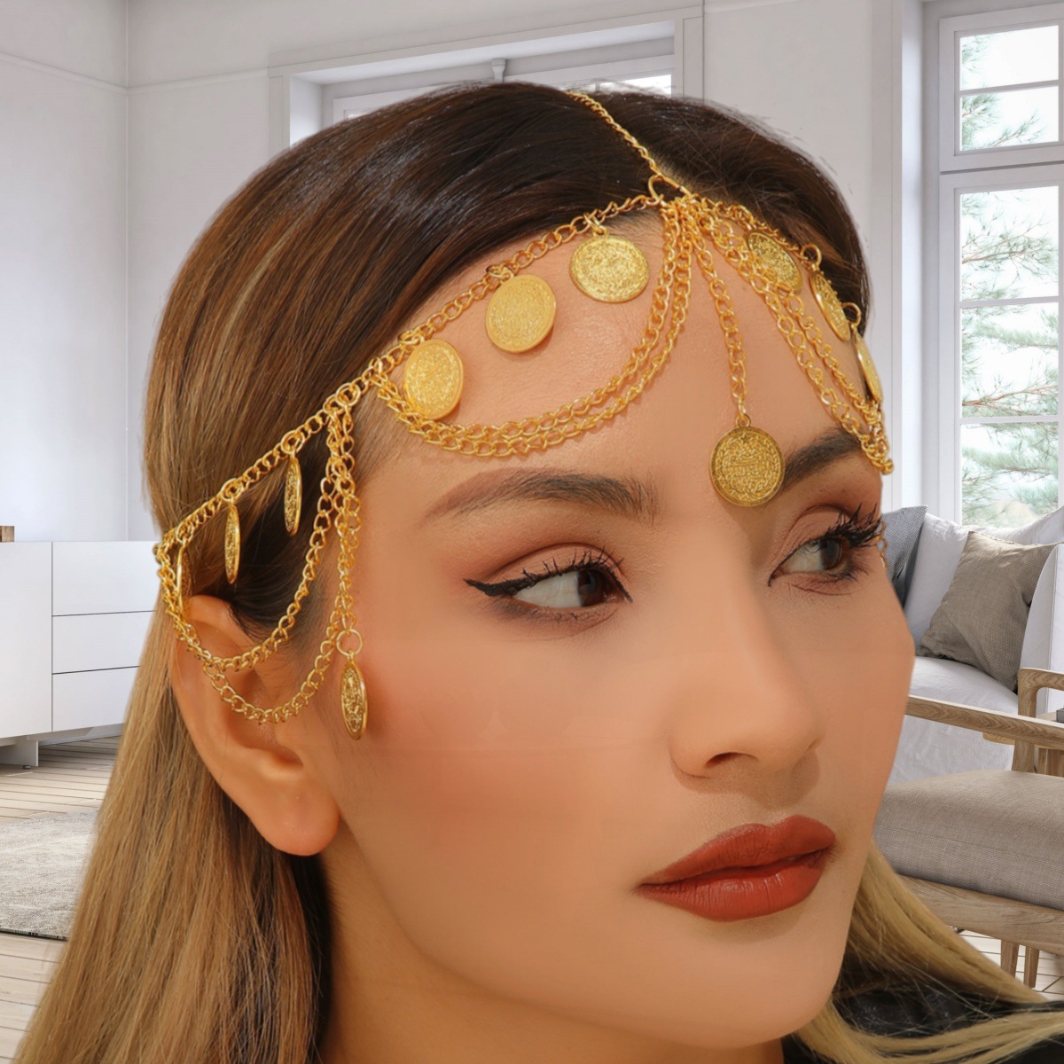 Arabic-Style Gold Coin Tassel Hair Chain for Women, Exotic Princess Metal Texture Multi-Layered Wave Head Chain