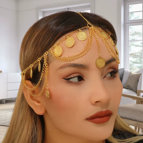 Arabic-Style Gold Coin Tassel Hair Chain for Women, Exotic Princess Metal Texture Multi-Layered Wave Head Chain